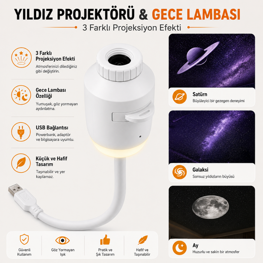 USB Galaksi Projektör 2’si 1 Arada – LED Gece Lambası – 360° Ayarlanabilir 3 Değiştirilebilir Filmli LED Projektör