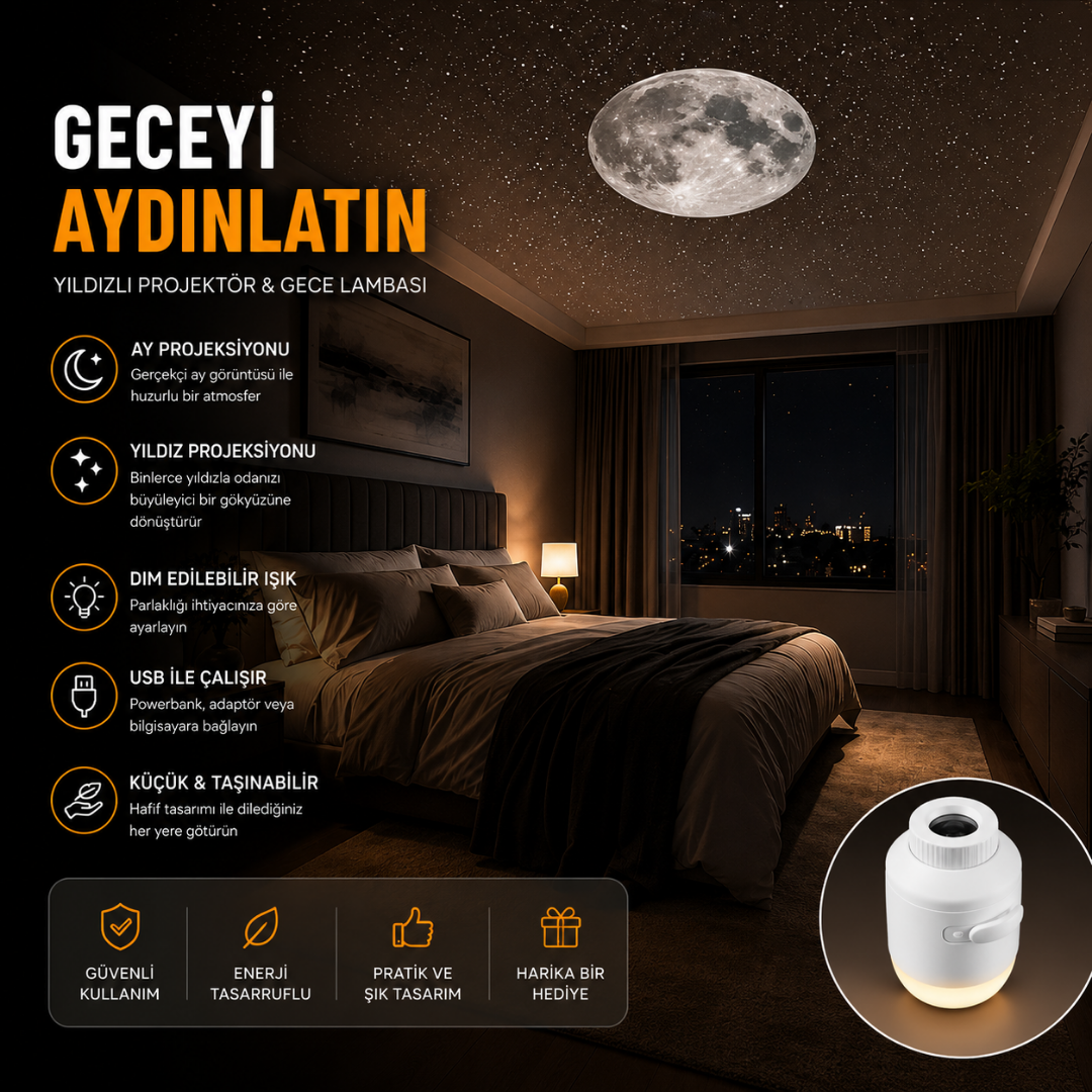 USB Galaksi Projektör 2’si 1 Arada – LED Gece Lambası – 360° Ayarlanabilir 3 Değiştirilebilir Filmli LED Projektör